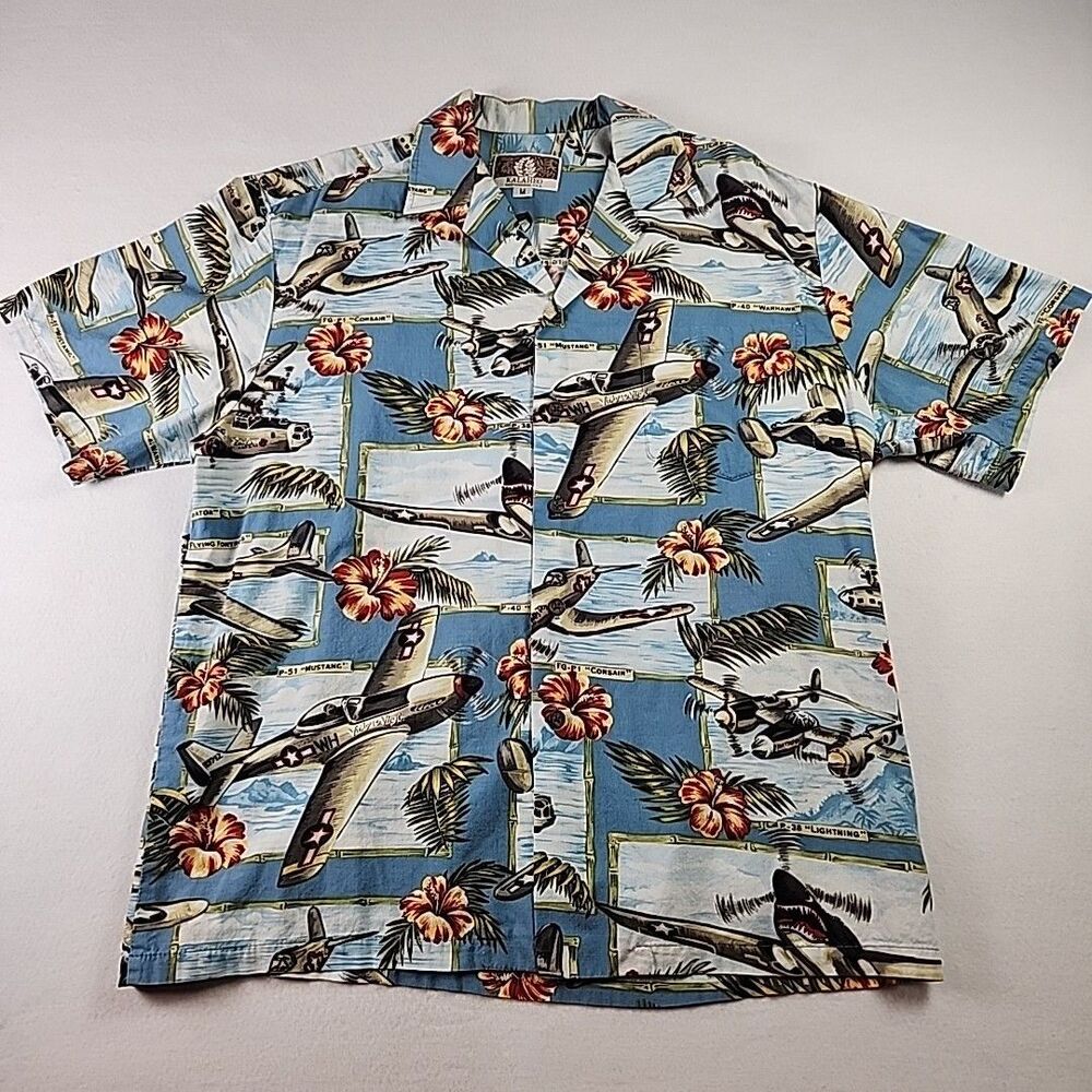 Vtg Kalaheo Hawaiian Button Up Shirt Medium Bomber Fighter Planes WWII USA
